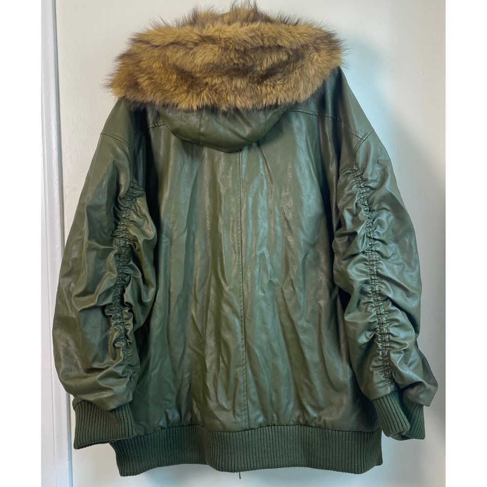 Ashley Graham Faux Leather Bomber Jacket Women 1X Green Faux Fur Hood Oversized - Picture 2 of 7